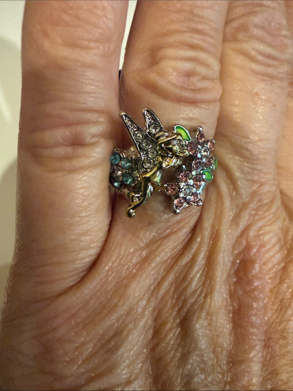 Silver Fairy Floral Ring with Pink Crystals
